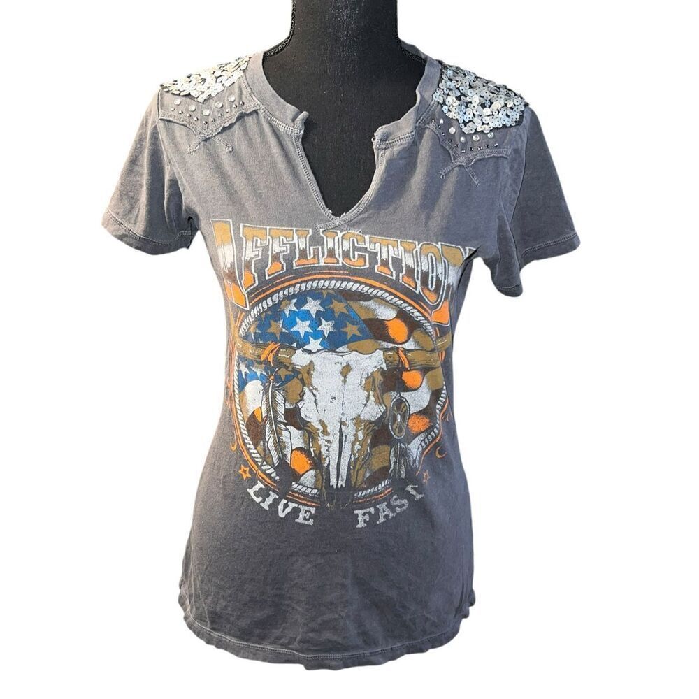 AFFLICTION Women large Gray Longhorn Distressed Sequin V Neck TShirt Biker Y2K